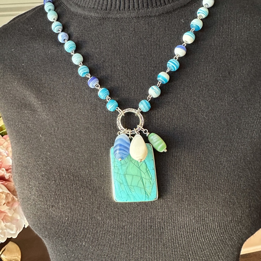“Turquoise” beads & silver 38” necklace with pendant
